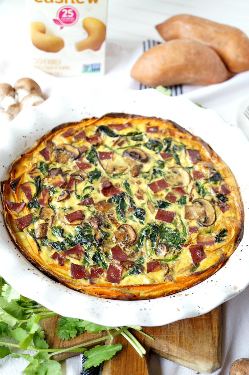 spinach, bacon, and mushroom sweet potato crust quiche | The Baking Fairy