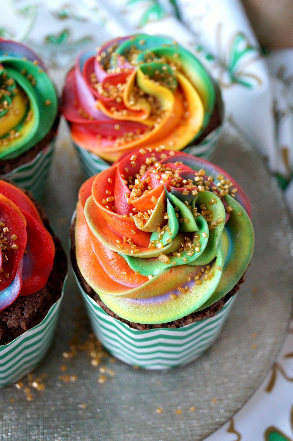 chocolate Bailey's cupcakes with rainbow frosting The