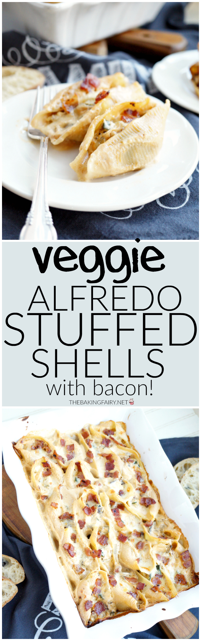 veggie alfredo stuffed shells with bacon | The Baking Fairy