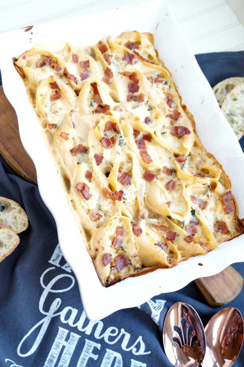 veggie alfredo stuffed shells with bacon | The Baking Fairy