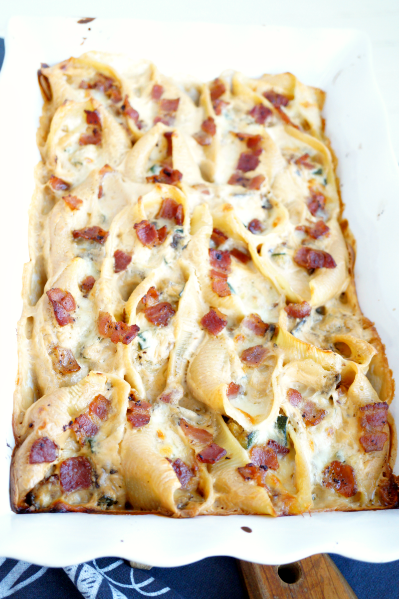 veggie alfredo stuffed shells with bacon | The Baking Fairy