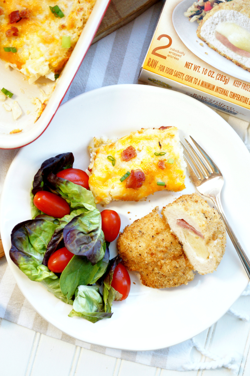 loaded mashed cauliflower casserole with Barber Foods stuffed chicken | The Baking Fairy #ad