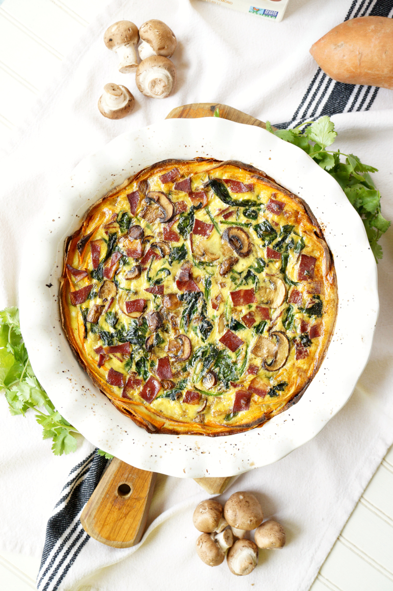 spinach, bacon, and mushroom sweet potato crust quiche | The Baking Fairy