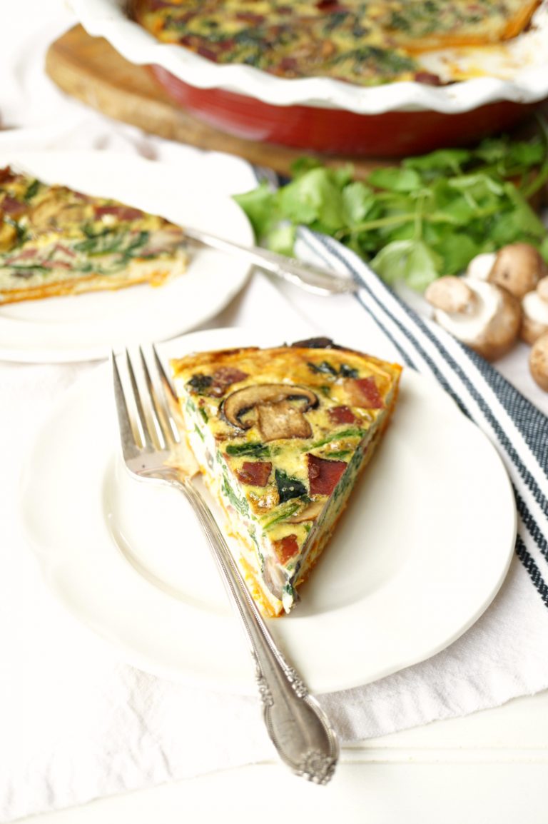 spinach, bacon, and mushroom sweet potato crust quiche The Baking Fairy