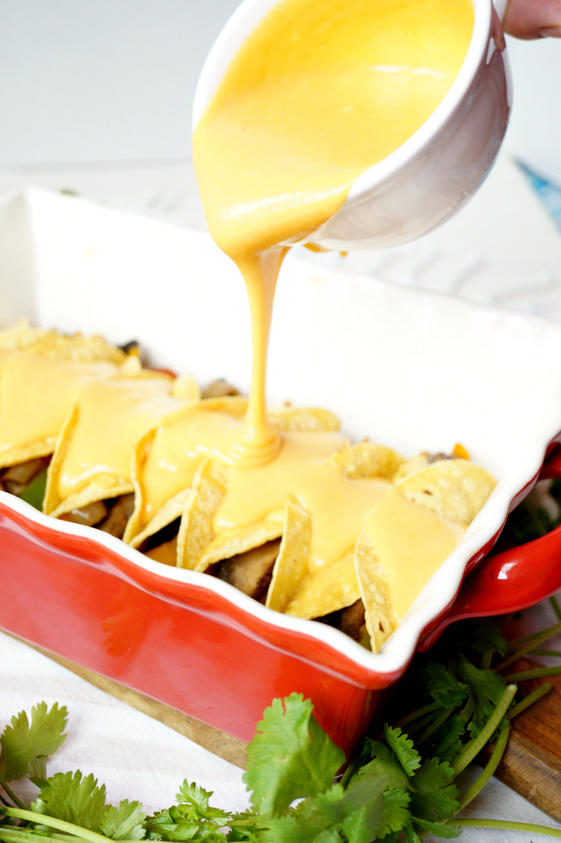 vegan fajita enchiladas with cheesy sauce | The Baking Fairy