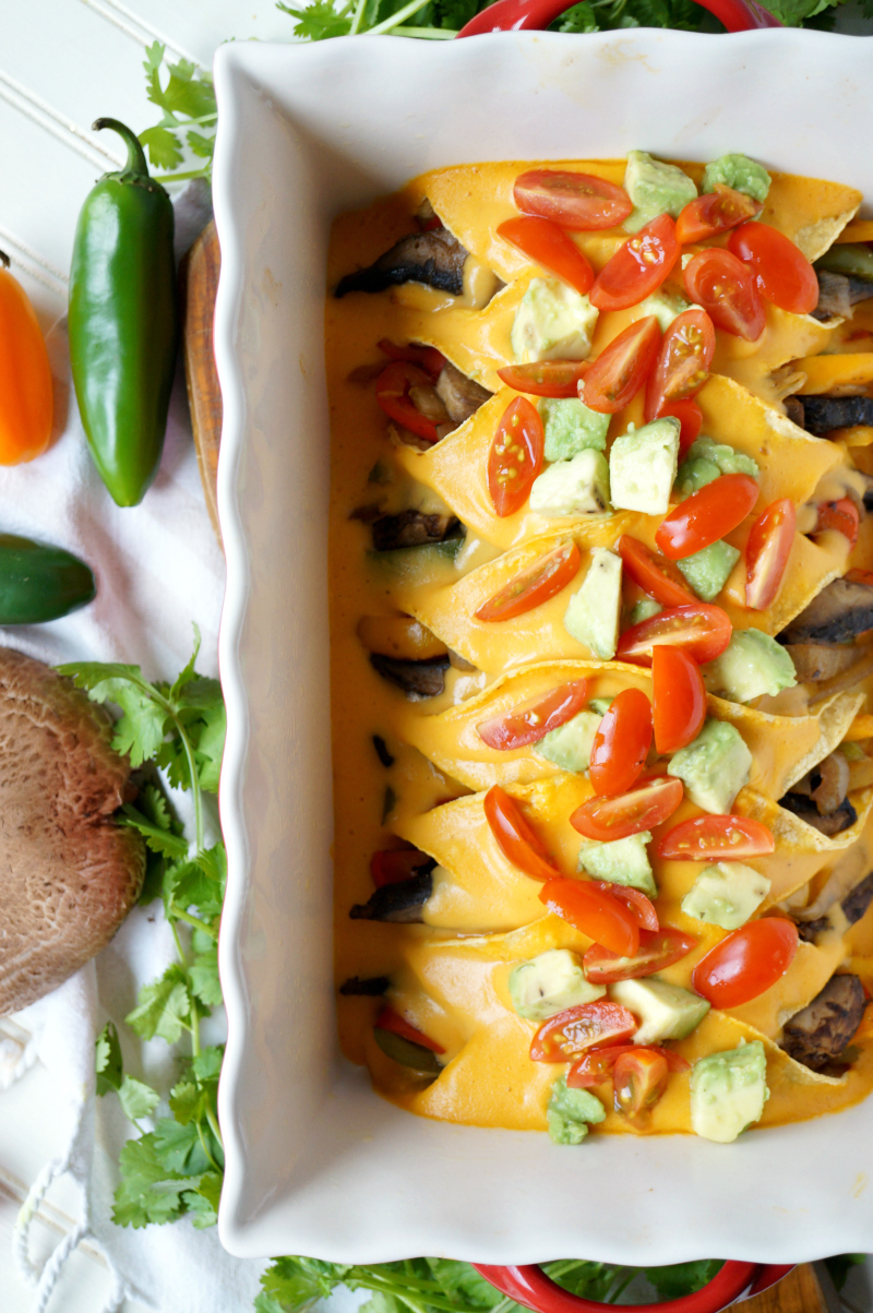 vegan fajita enchiladas with cheesy sauce | The Baking Fairy