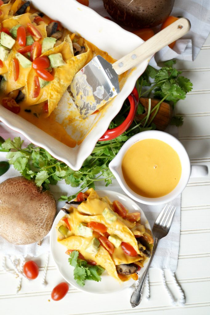 vegan fajita enchiladas with cheesy sauce The Baking Fairy
