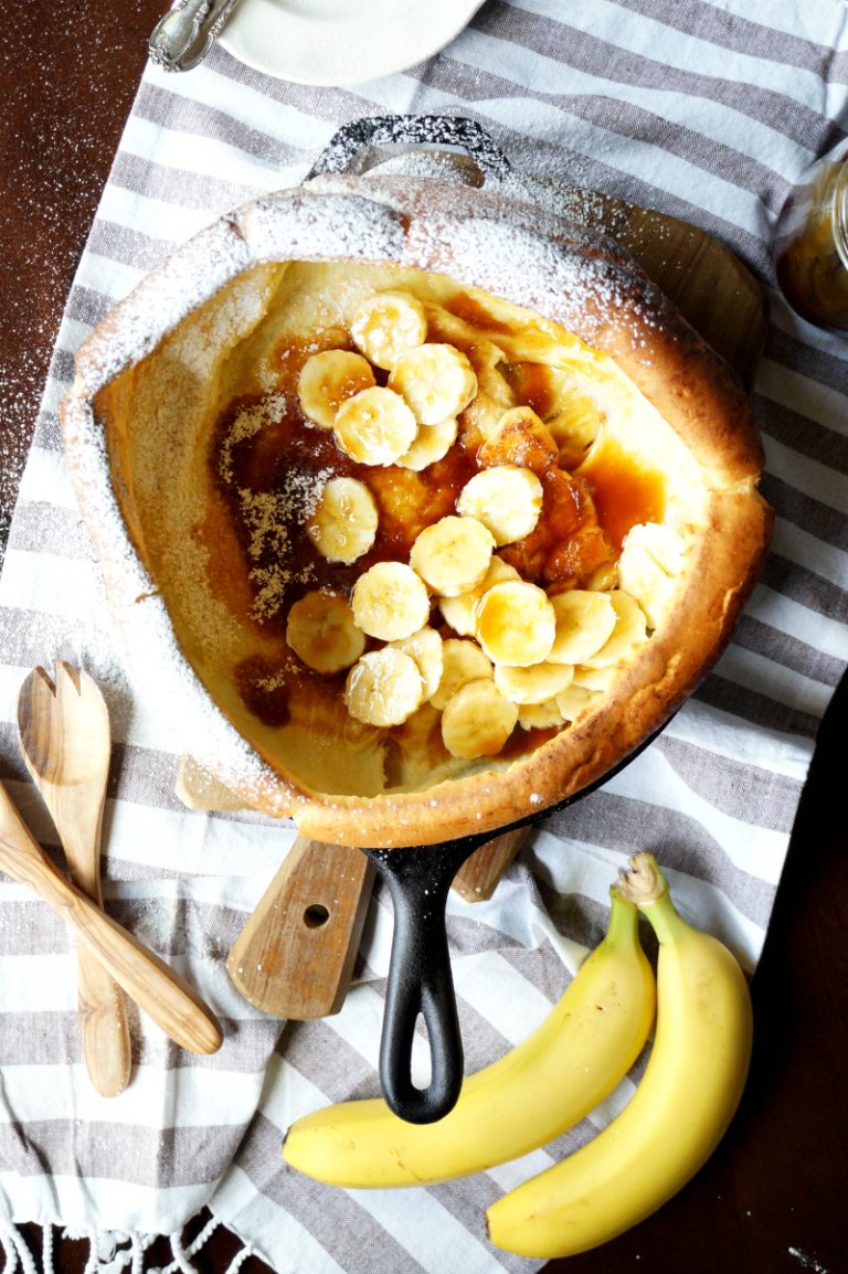 Dutch baby pancake with bananas and coconut caramel The Baking Fairy