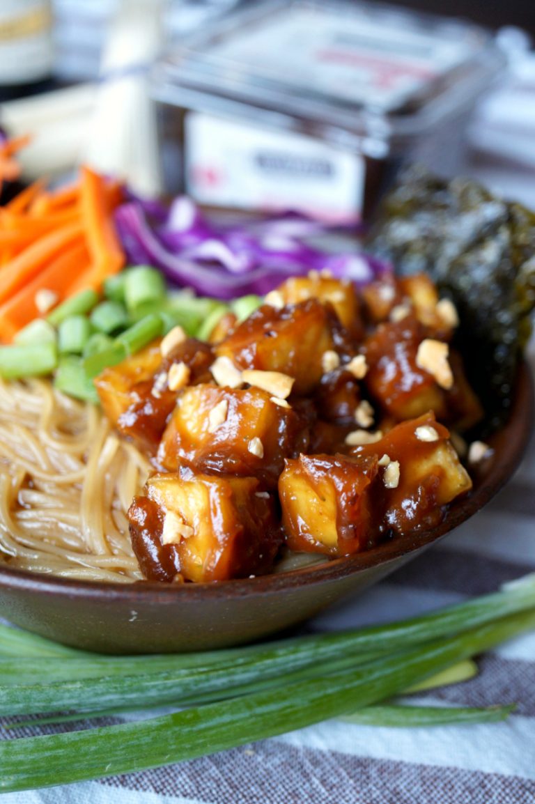 vegan ramen noodle soup with sticky peanut tofu The Baking Fairy