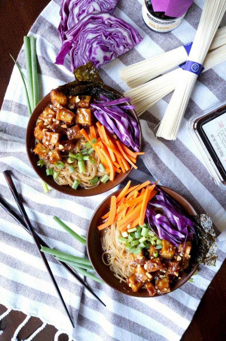 vegan ramen noodle soup with sticky peanut tofu The Baking Fairy