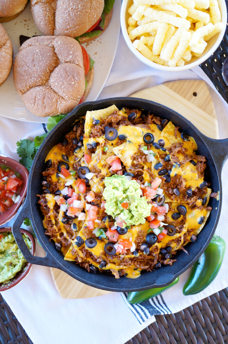 cheesy vegan pulled pork nachos | The Baking Fairy #TailgateWithATwist #SeasonalSolutions #ad