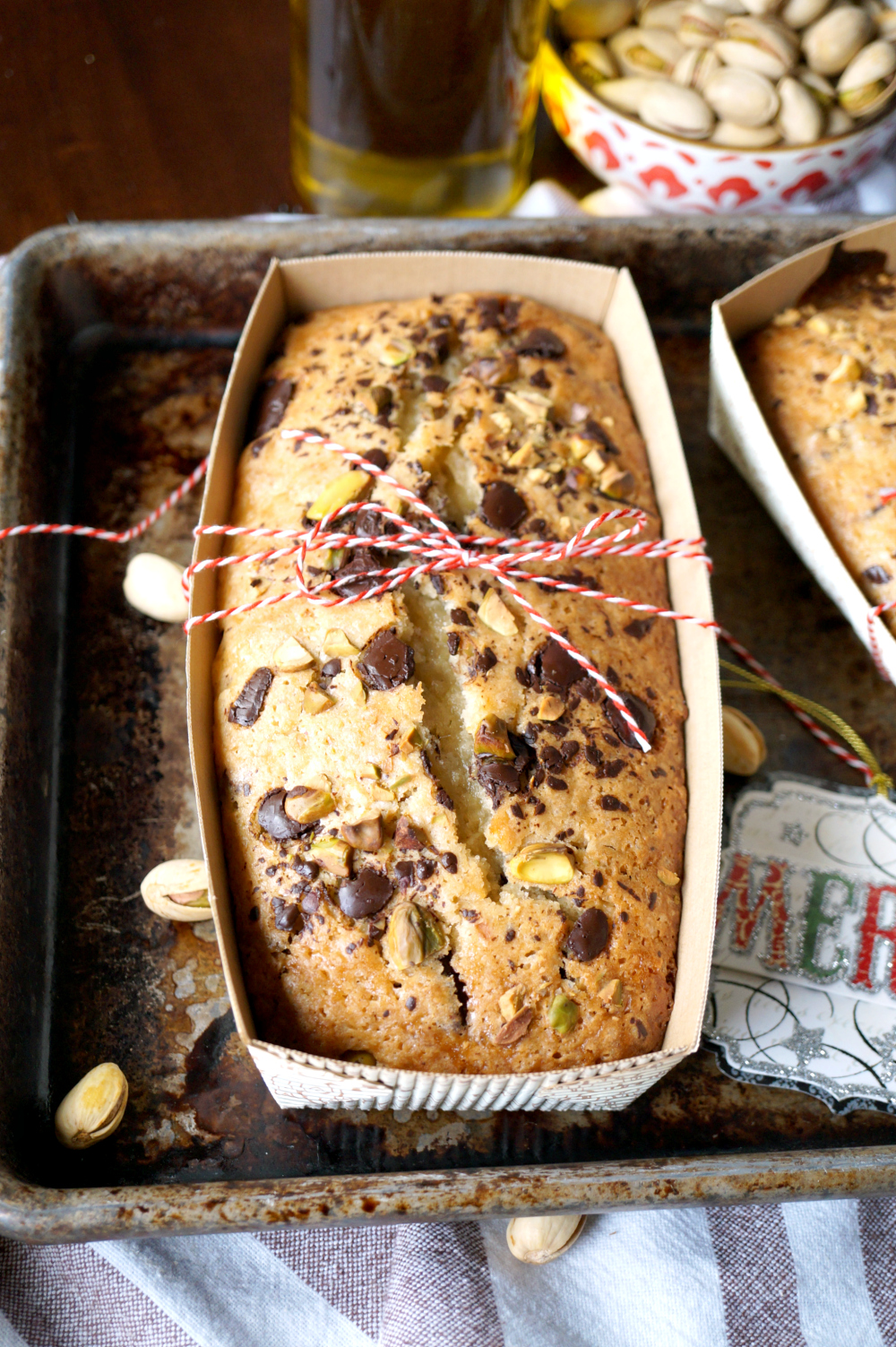 vegan chocolate chunk pistachio olive oil loaf cakes | The Baking Fairy