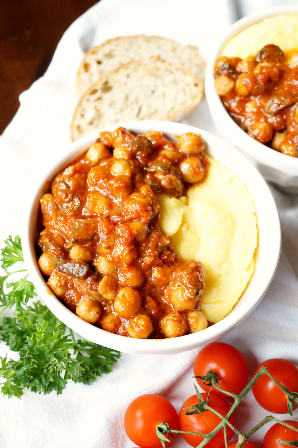 vegan chickpea mushroom tomato stew with polenta | The Baking Fairy