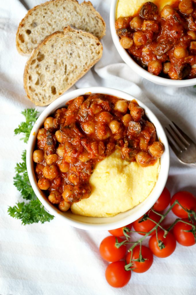 vegan chickpea mushroom tomato stew with polenta | The Baking Fairy