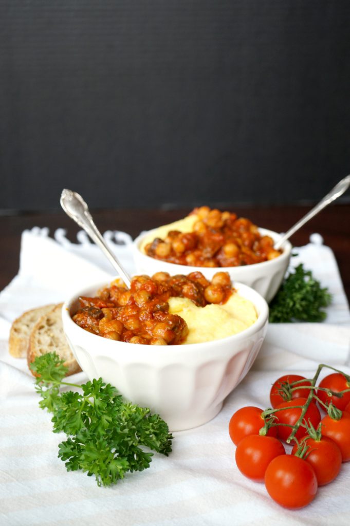 vegan chickpea mushroom tomato stew with polenta | The Baking Fairy