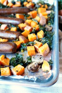 vegan sausage sheet pan meal with sweet potatoes and kale | The Baking Fairy