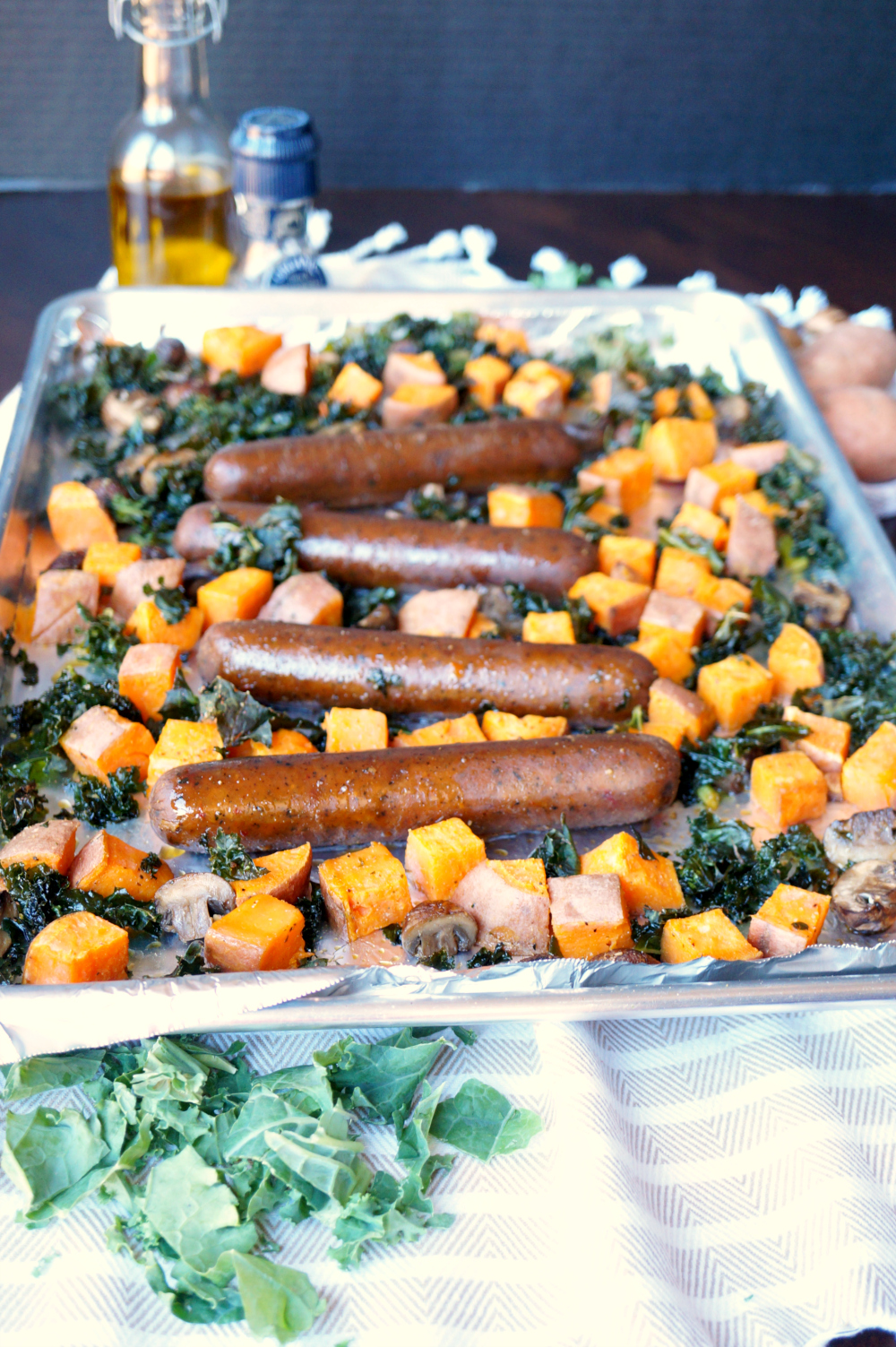 vegan sausage sheet pan meal with sweet potatoes and kale | The Baking Fairy