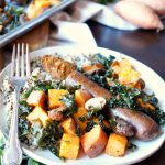 vegan sausage sheet pan meal with sweet potatoes and kale | The Baking Fairy