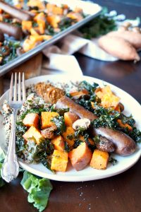 vegan sausage sheet pan meal with sweet potatoes and kale | The Baking Fairy