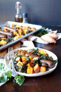 vegan sausage sheet pan meal with sweet potatoes and kale | The Baking Fairy