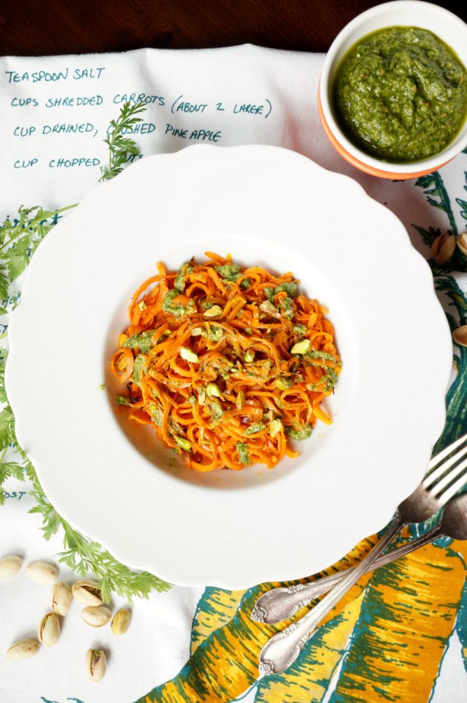 carrot noodles with carrot-top pesto and pistachios | The Baking Fairy