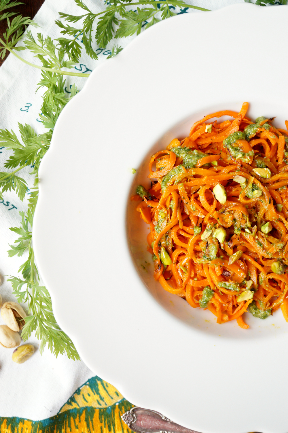 carrot noodles with carrot-top pesto and pistachios | The Baking Fairy