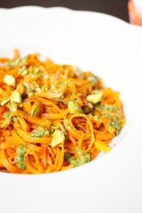 carrot noodles with carrot-top pesto and pistachios | The Baking Fairy