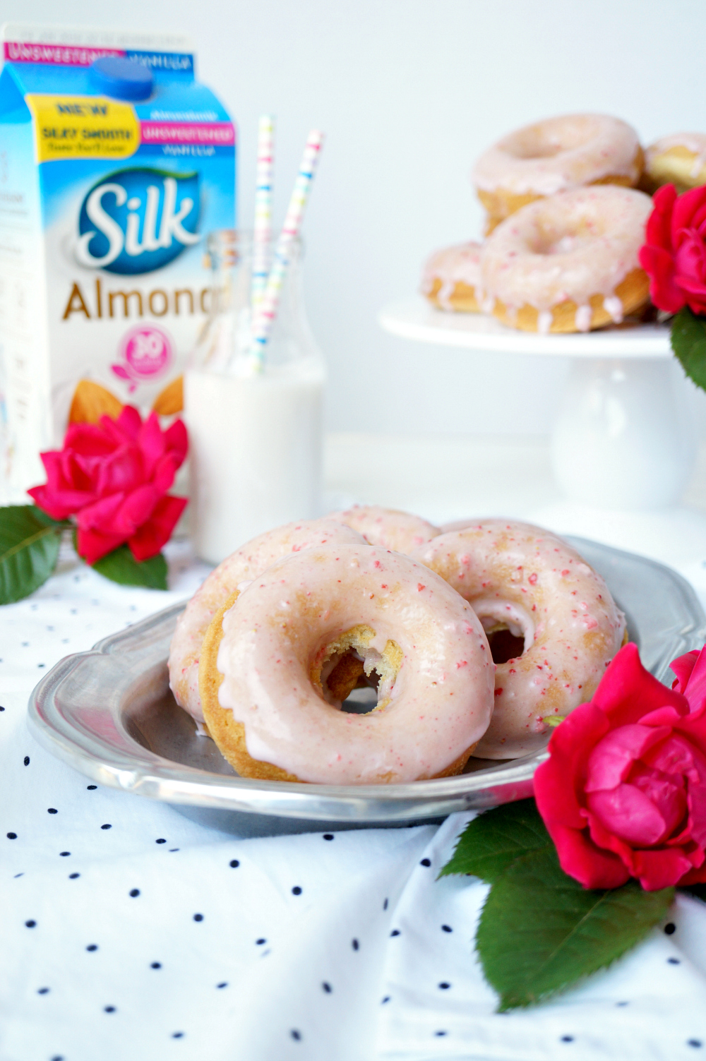 baked vanilla donuts with strawberry glaze {vegan/soy-free} | The Baking Fairy #ProgressIsPerfection #CBias #ad @Walmart @LoveMySilk