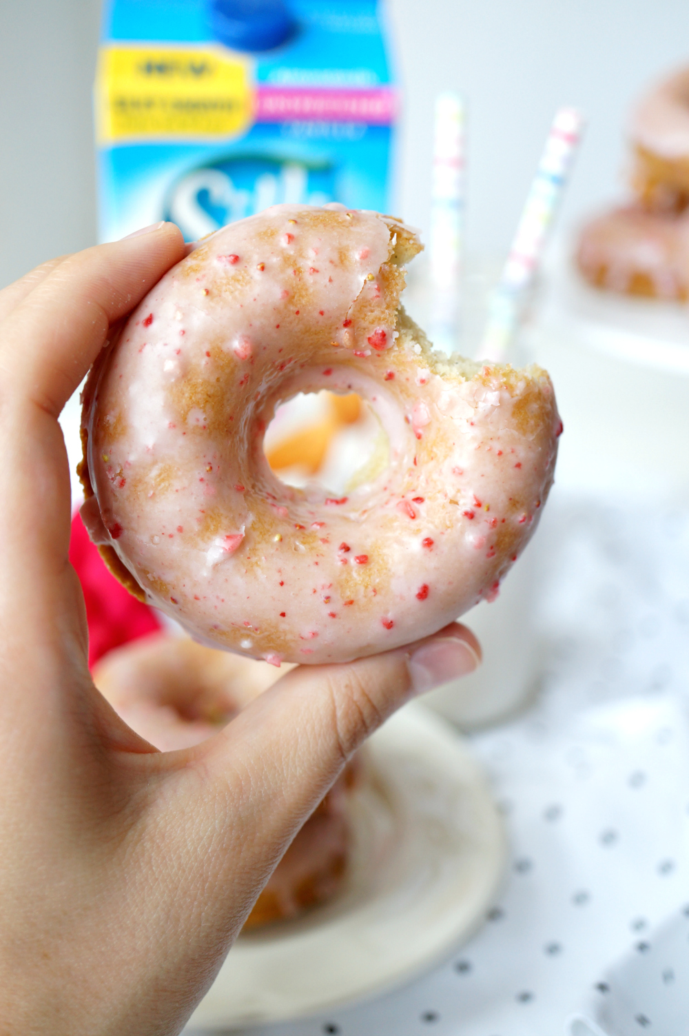 baked vanilla donuts with strawberry glaze {vegan/soy-free} | The Baking Fairy #ProgressIsPerfection #CBias #ad @Walmart @LoveMySilk