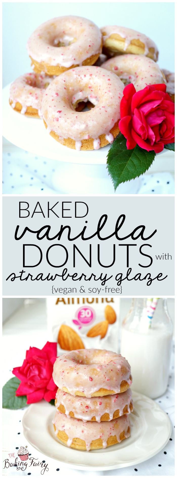 baked vanilla donuts with strawberry glaze {vegan/soy-free} | The Baking Fairy