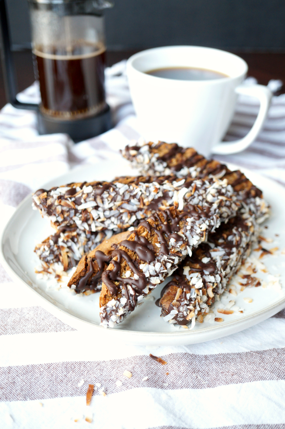 vegan chocolate toasted coconut biscotti | The Baking Fairy