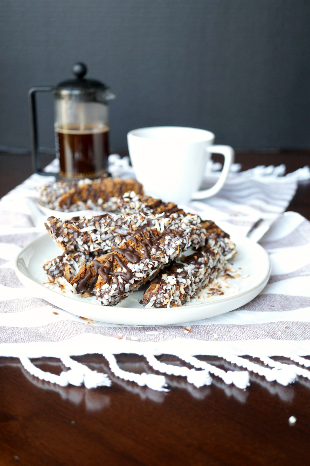 vegan chocolate toasted coconut biscotti | The Baking Fairy
