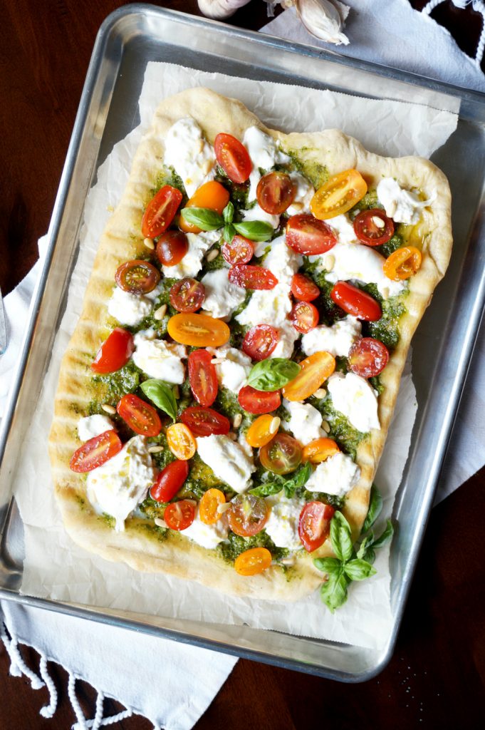 grilled pizza with pesto, burrata, and baby tomatoes | The Baking Fairy