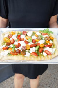 grilled pizza with pesto, burrata, and baby tomatoes | The Baking Fairy