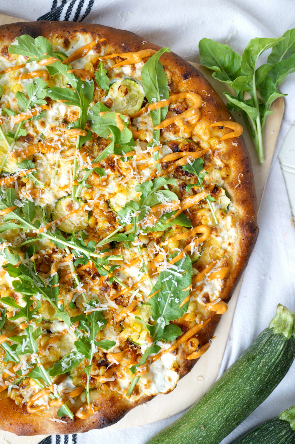 charred corn, zucchini, and arugula pizza | The Baking Fairy #FarmersMarketWeek
