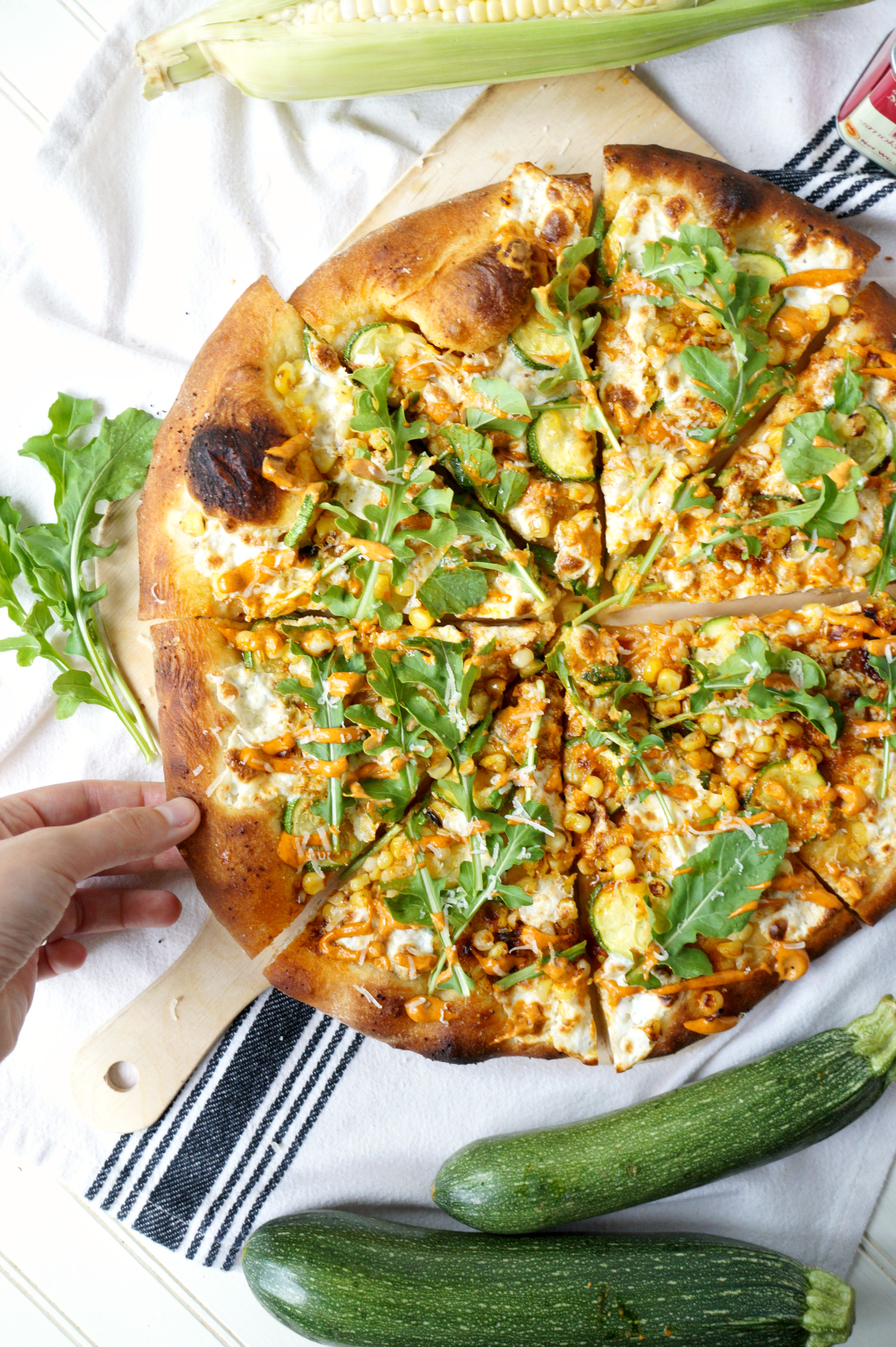 charred corn, zucchini, and arugula pizza | The Baking Fairy #FarmersMarketWeek
