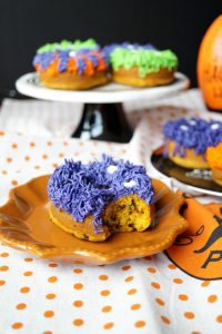fuzzy monster donuts {pumpkin chocolate chip} | The Baking Fairy #HalloweenTreatsWeek