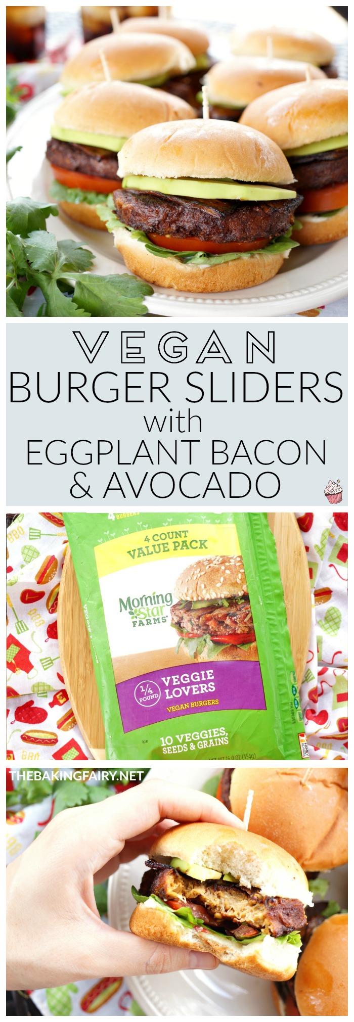 vegan burger sliders with avocado and eggplant bacon | The Baking Fairy #MorningStarFarms #MakeRoomOnYourGrill #ad