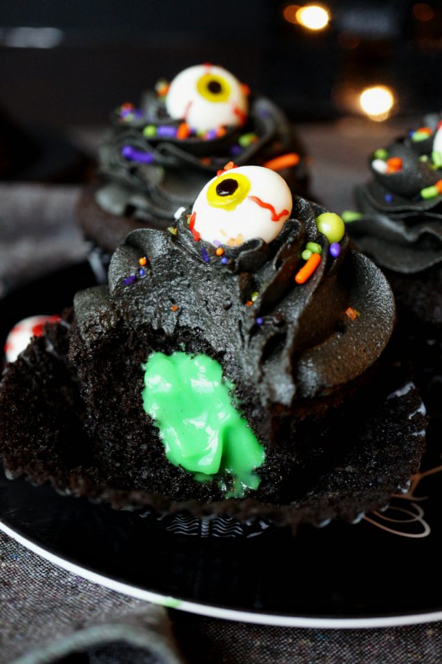 black chocolate cupcakes with slime filling The Baking Fairy