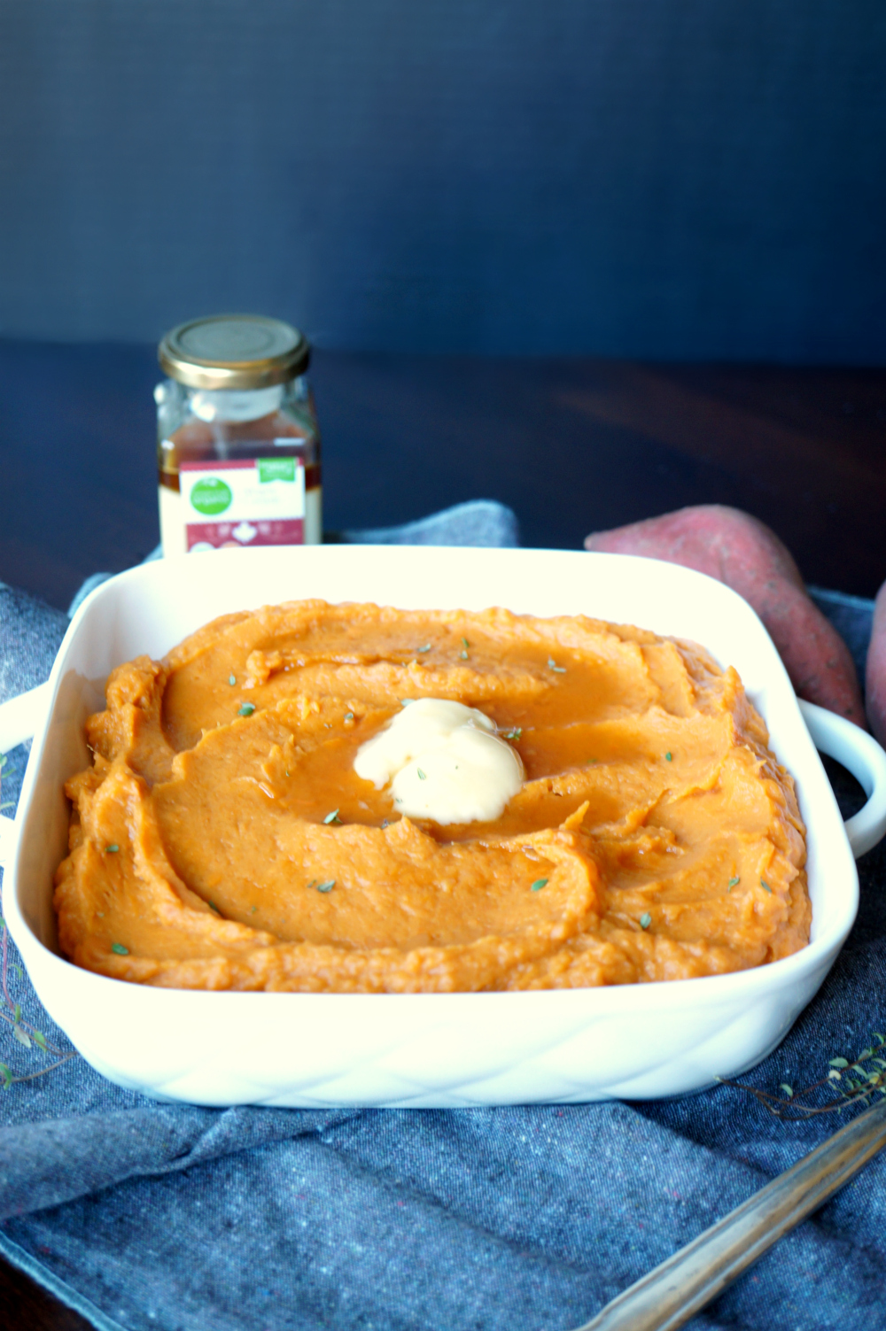 vegan maple thyme mashed sweet potatoes | The Baking Fairy #HolidaySideDishes