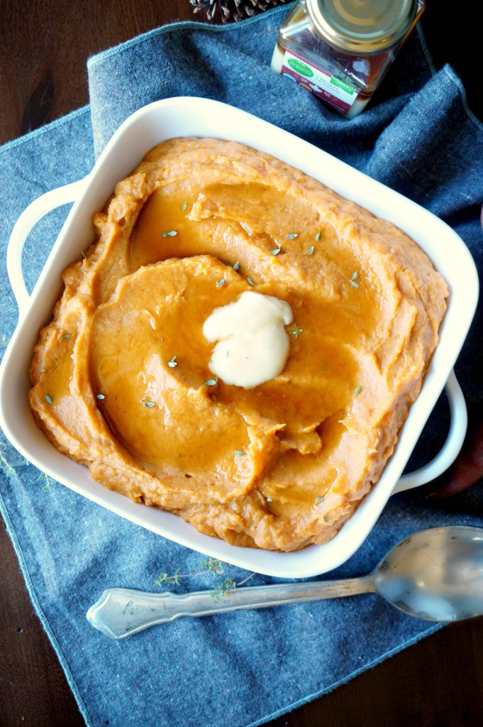 vegan maple thyme mashed sweet potatoes | The Baking Fairy #HolidaySideDishes