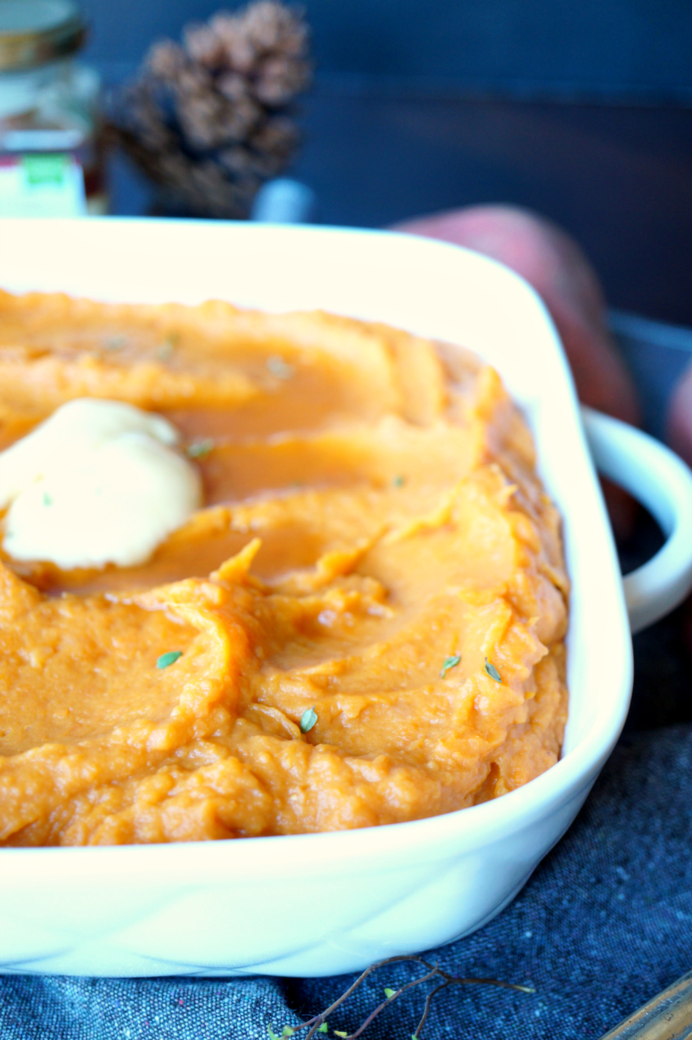 vegan maple thyme mashed sweet potatoes | The Baking Fairy #HolidaySideDishes