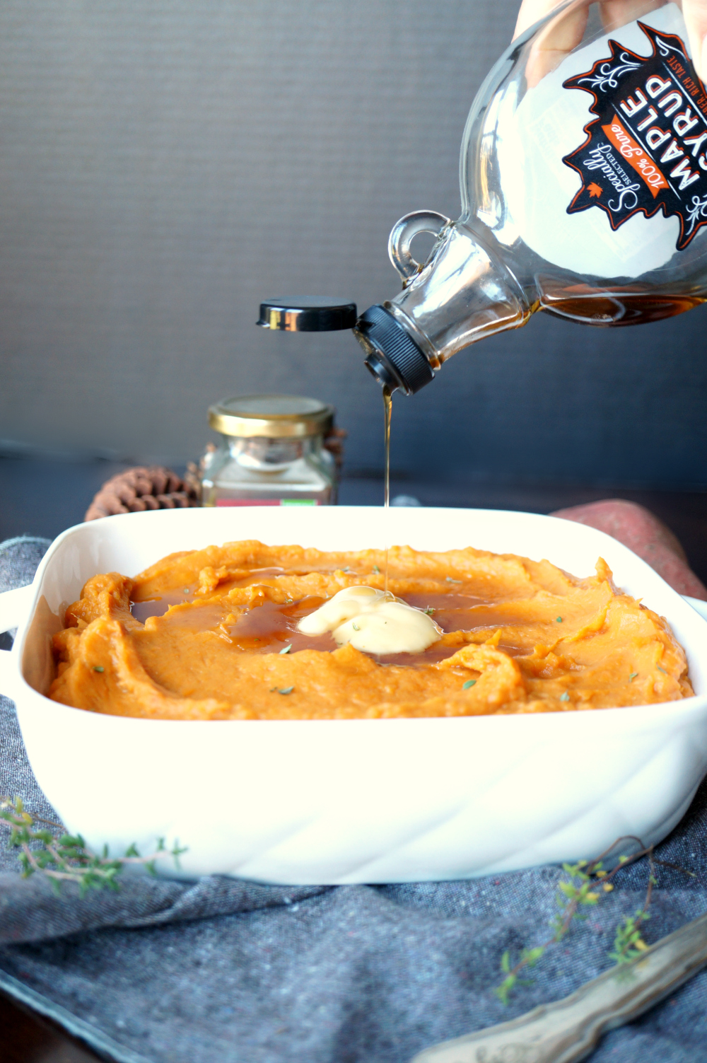 vegan maple thyme mashed sweet potatoes | The Baking Fairy #HolidaySideDishes