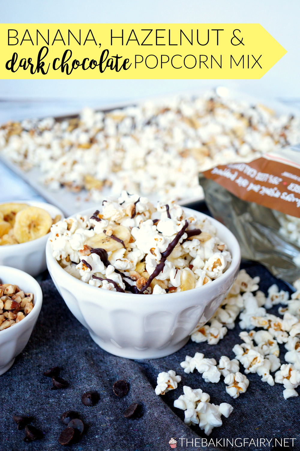 banana, hazelnut, and dark chocolate popcorn snack mix | The Baking Fairy #NewYearLessEvil #ad