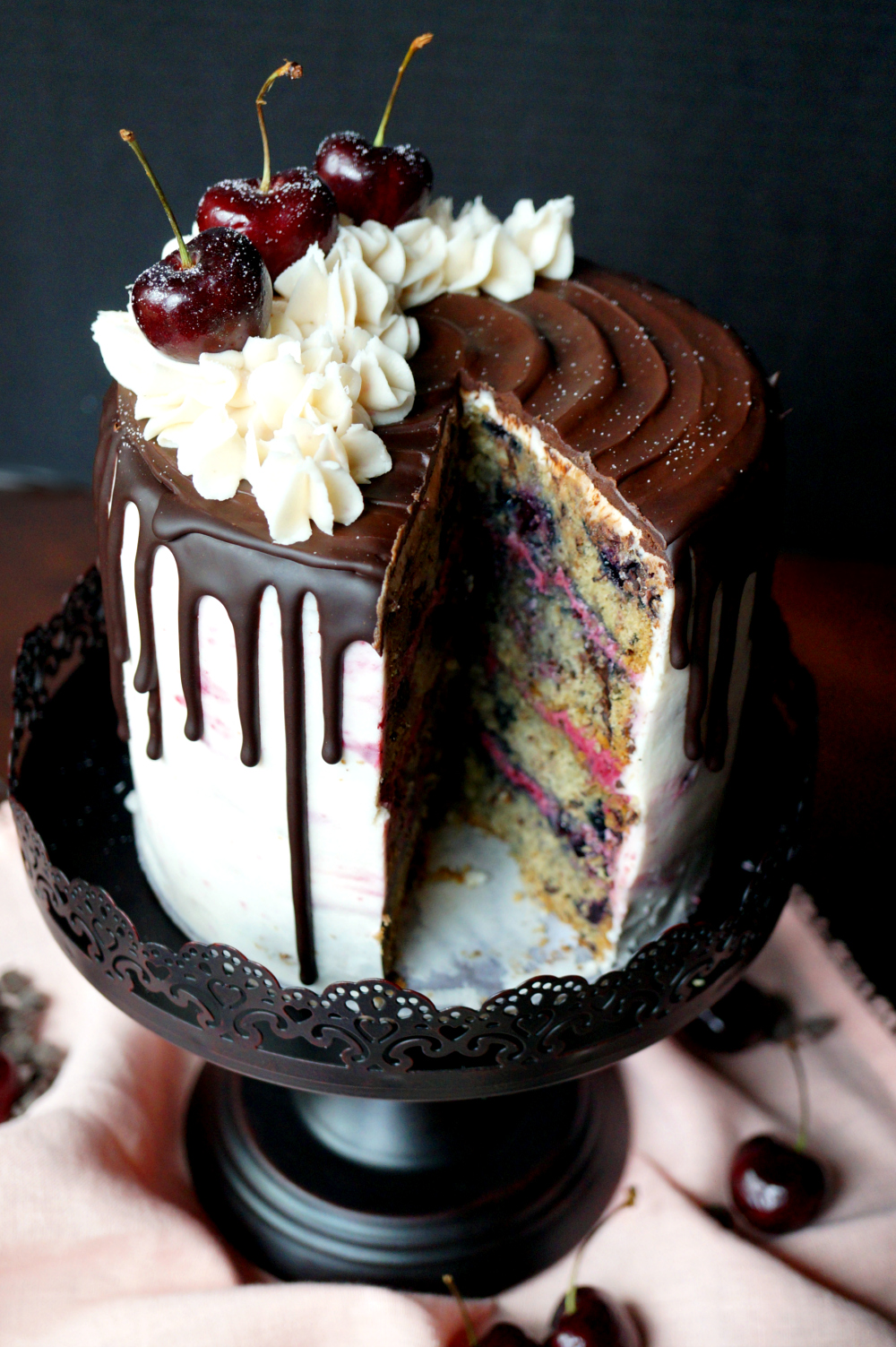 vegan dark chocolate cherry layer cake | The Baking Fairy