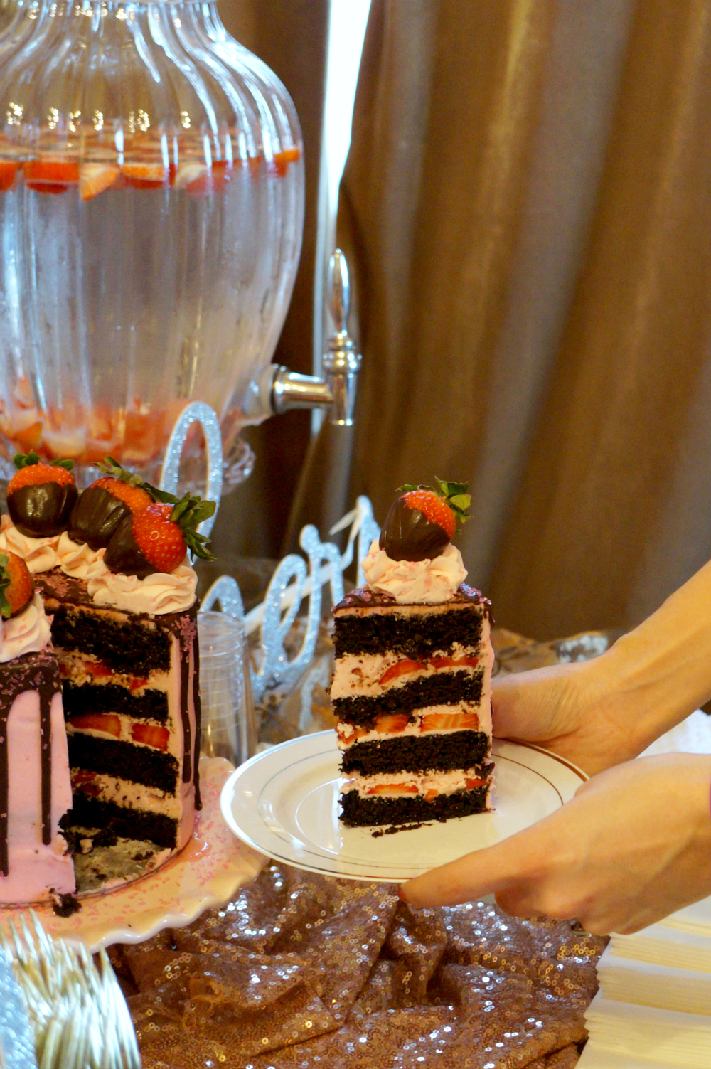 vegan chocolate covered strawberry cake & bridal shower | The Baking Fairy