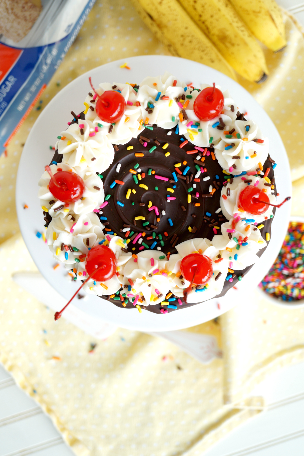 vegan banana split cake | The Baking Fairy #ad #SpringSweetsWeek