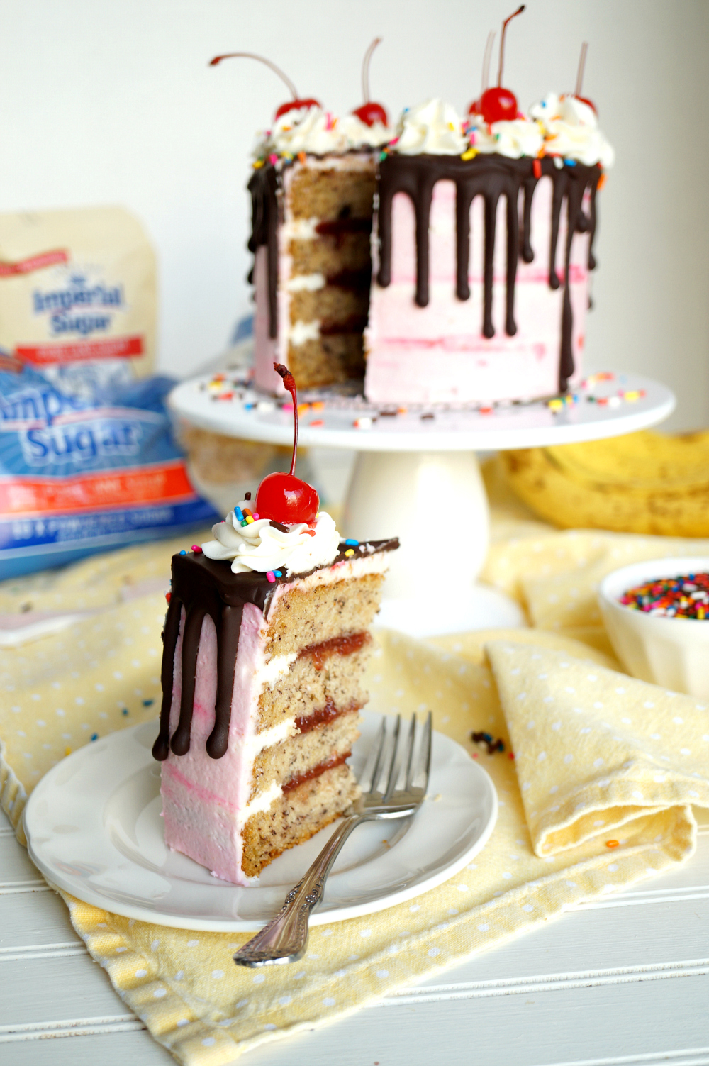 vegan banana split cake | The Baking Fairy #ad #SpringSweetsWeek