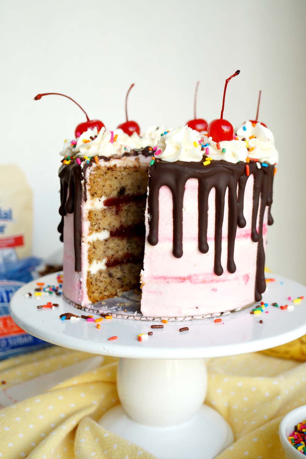 vegan banana split cake | The Baking Fairy #ad #SpringSweetsWeek