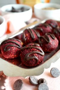 vegan raspberry dark chocolate energy bites | The Baking Fairy #ad #SpringSweetsWeek